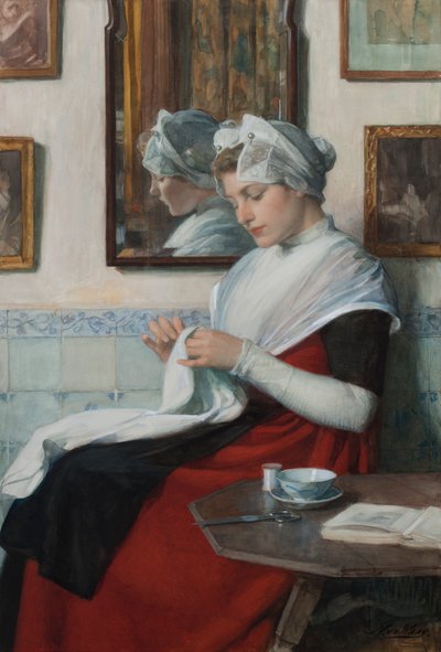 An Amsterdam Orphan Girl Sewing by Nicolaas van der Waay