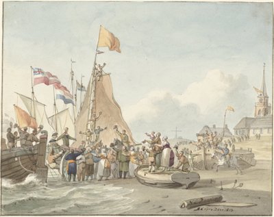 Arrival of Prince Willem Frederik at Scheveningen, November 30, 1813 by Nicolaes Lodewick Penning (signed by artist)