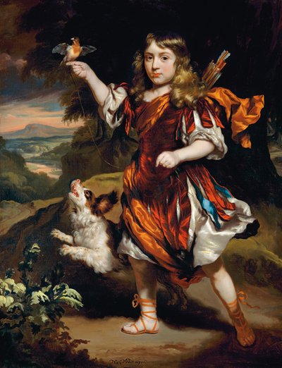 Portrait of a boy, as Daifilo, in a red surcoat over a silver robe, with an orange cloak, a bird resting on his right hand, his dog beside him, in a landscape by Nicolaes Maes
