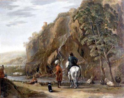 Italianate landscape with figures and a horse on a road by Nicolaes Pietersz. Berchem