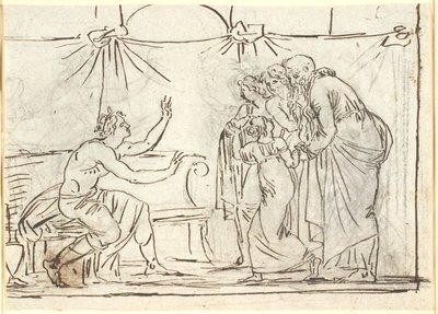 Antique Scene. A Seated Crowned Hero Speaks to a Group of Four Figures, Including a Little Girl and an Old Man by Nicolai Abildgaard