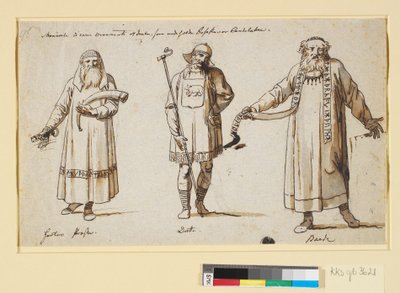 Costume Studies. Probably for the Theater. Three Figures, a Priest of Herta, a King, and a Bard by Nicolai Abildgaard