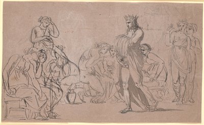 A Crowned Male Figure Showing His Genitals in the Midst of a Crowd of Sitting and Standing Women by Nicolai Abildgaard