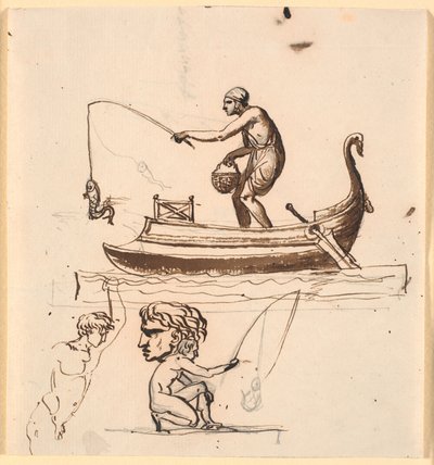 A Man in a Boat, Lifting a Fish on a Line. Below a Sketch of a Fisherman, a Head, and a Naked Man by Nicolai Abildgaard