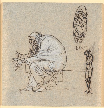 A Seated Long-Bearded Old Man in Profile to the Left with Outstretched Hands. Beside Him an Eros Figure in an Oval and a Standing Naked Young Man by Nicolai Abildgaard