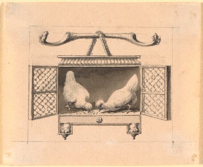 A Pair of Chickens in a Cage Pecking Grain by Nicolai Abildgaard