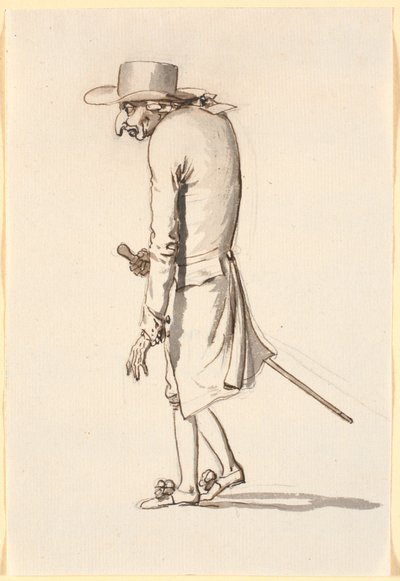 Caricature of a Hunched Man Walking to the Left with a Cane in His Right Hand by Nicolai Abildgaard