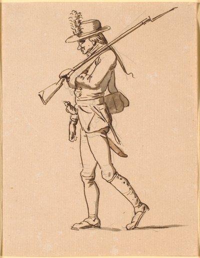 Caricature of a Soldier in Profile to the Left. His Left Arm is in a Sling but Still Carries a Rifle. by Nicolai Abildgaard