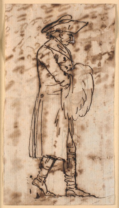 Caricature of a Walking Man with Hands in a Muff, in Profile to the Right by Nicolai Abildgaard