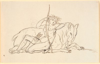 Female Figure with Arrows and Quiver, Sitting Leaning Against a Fantasy Animal (Possibly an Anteater). Allegory of America by Nicolai Abildgaard