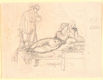 Lesbia and Catullus. Lesbia Lying, Holding a Bird in Her Left Hand. Catullus Standing Behind by Nicolai Abildgaard
