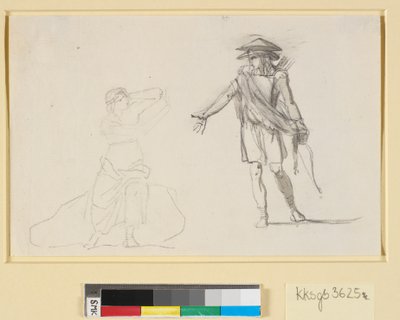 Scene Between Two Figures. To the Left a Seated Woman with Bare Upper Body, to the Right a Walking Man with Bow and Quiver by Nicolai Abildgaard