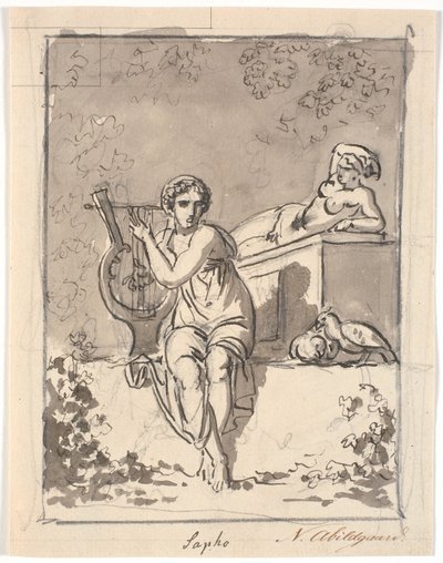 Sappho, Sitting with Her Lyre, with a Hermaphrodite Resting in the Background by Nicolai Abildgaard