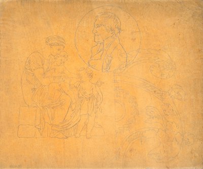 Seated Woman with Two Children and Profile Portrait in Circular Composition by Nicolai Abildgaard