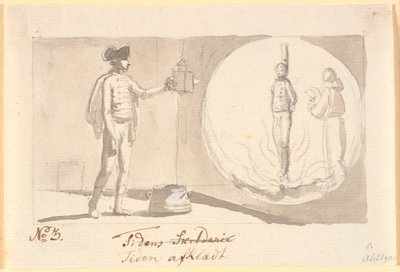 Time Unclothed. A Hussar Officer with a Magic Lantern Shows a Picture of a Sinner at the Stake and Next to Him a Monk Reading Prayers by Nicolai Abildgaard