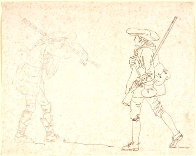 Two Walking Male Figures, One Dressed as a Hunter, the Other Carrying a Bundle of Sticks by Nicolai Abildgaard