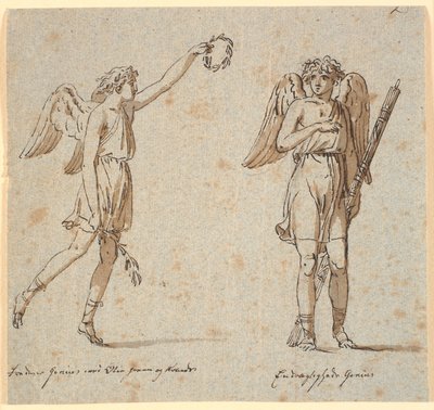 Two Genii, One with Olive Branch, the Other with Fasces by Nicolai Abildgaard