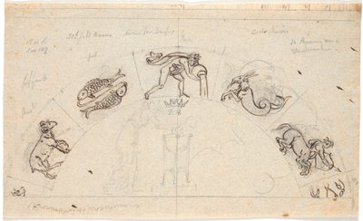 Draft for a relief of a semicircular field; in the middle a woman offering at a tripod, around are some zodiac signs by Nicolai Abildgaard