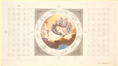 Draft for ceiling decoration with coffers and in the middle a circular image with the morning scattering flowers by Nicolai Abildgaard