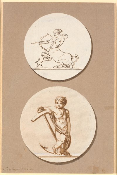 Draft for two circular reliefs, above an archery centaur, below a small boy leaning on an anchor by Nicolai Abildgaard