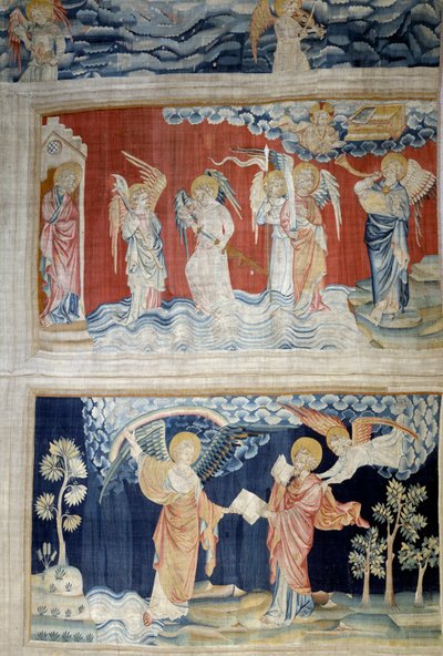 Hanging of Revelation (1373-1383), No. 25: The Sixth Trumpet, the Angels of the Euphrates. Below, No. 28, the Angel Hands Over the Book to Saint John Who Devours It by Nicolas Bataille
