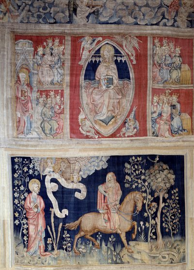 Hanging of Revelation (1373-1383), No. 4: Representation of Christ in Majesty (Jesus Christ in Glory is Represented Inside a Mandorla) or Tetramorphous. No. 9: The Red Horse and War by Nicolas Bataille