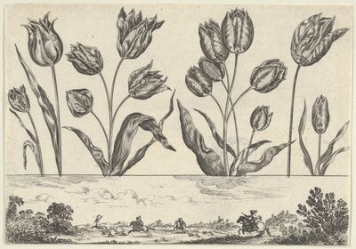 Horizontal Panel with a Row of Flowers Above a Frieze with a Hunting Scene in a Landscape by Nicolas Cochin