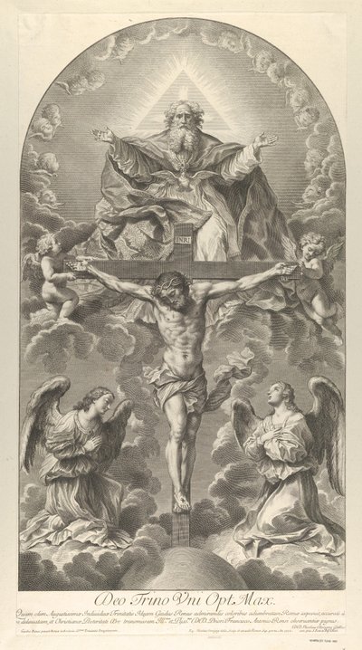 The Holy Trinity, Christ on the cross flanked by two angels, the Holy Spirit as a dove and... by Nicolas Dorigny