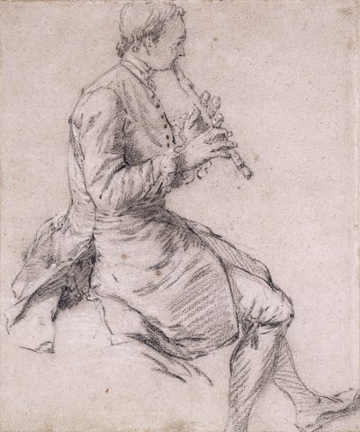 A Seated Man Playing the Flute, in Profile to the Right by Nicolas Lancret