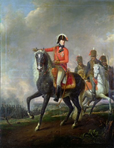 Equestrian portrait of the Duke of Wellington with British Hussars on a battlefield, 1814 by Nicolas Louis Albert Delerive