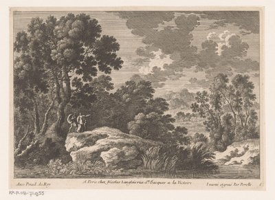 Landscape with Man, Woman, and Child on Rock by Pond by Nicolas Perelle