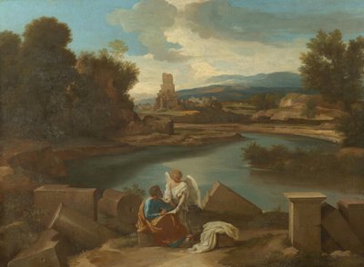 Landscape from the Roman Campagna, with Matthew and the Angel by Nicolas Poussin