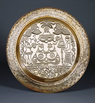 An Efik Brass Charger Embossed with a Central Robed Female Figure and Two Servants Holding a Fan and an Umbrella by Nigerian School