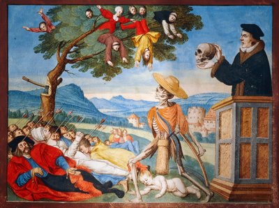 Death Going into Action with His Scythe and Men Fall Like Dead Leaves, Sermon of Memento Mori from the Dance of Death Cycle by Albrecht Kauw by Niklaus Manuel