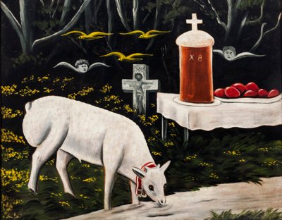 A Paschal Lamb and Easter Table with Flying Angels by Niko Pirosmani