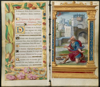 Adjoining Leaves from a Book of Hours: Penitential Psalms and King David in Prayer (2 of 3 Excised Leaves) by Noel Bellemare