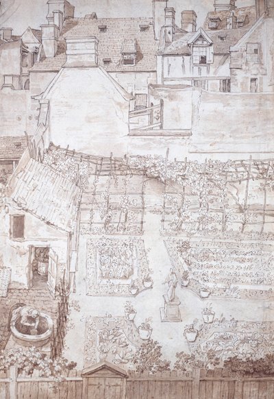 A Garden of a Town House, with Parterres and Vine Pergola, Enclosed by Buildings, c.1677 by Noel Gasselin