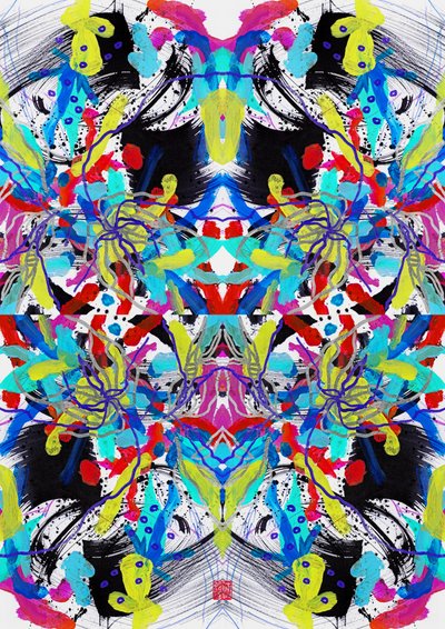 Zen Ink Blue Red Yellow Floral Pattern by Odilia W. Y. Fu