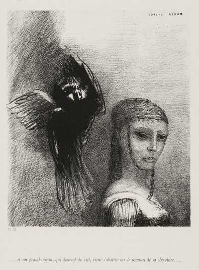 And a Large Bird, Descending From the Sky, Hurls Itself Against the Topmost Point of Her Hair (plate 3 of 10) by Odilon Redon