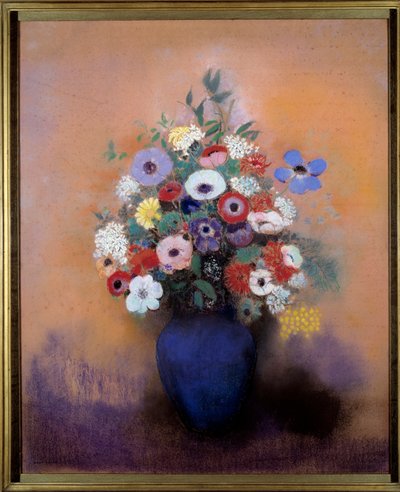 Anemones and lilacs in a blue vase by Odilon Redon