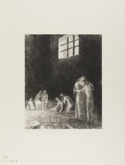 In the Shadow Are People, Weeping and Praying, Surrounded by Others Who Are Exhorting Them, Plate 6 of 24 by Odilon Redon
