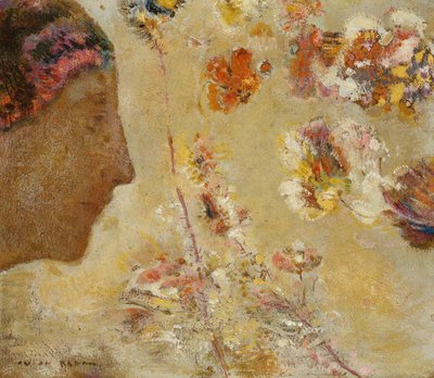 Woman in Profile with Butterfly and Flowers by Odilon Redon