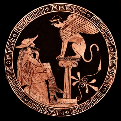 Red figure Attic kylix depicting Oedipus and the Sphinx, Vulci, c.470 BC by Oedipus Painter (attr. to)