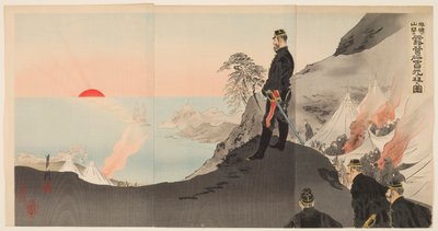 Officers and Men Admiring the Rising Sun While Bivouacking in the Mountains of Port Arthur by Ogata Gekko