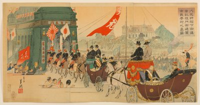 True Depiction of the People Welcoming the Carriage of His Majesty the Emperor as It Passes through the Triumphal Arch by Ogata Gekko