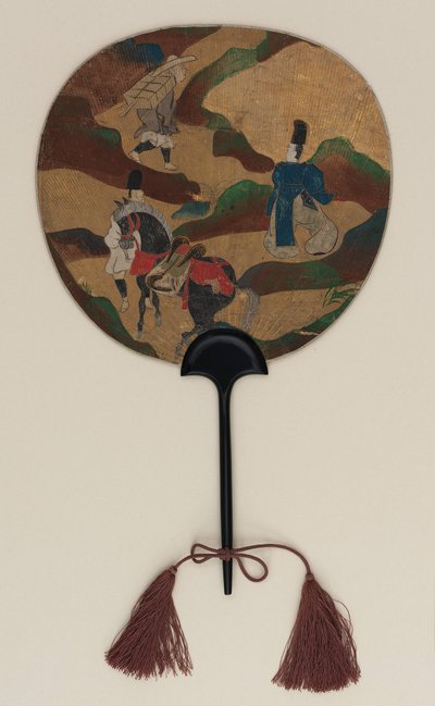Fan; on one side Narihira and the pilgrim; on the other, chrysanthemums and a brook, Edo period, late 17th- early 18th century by Ogata Korin