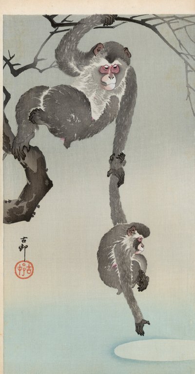 Monkey and baby reaching for the reflection of the moon by Ohara Koson