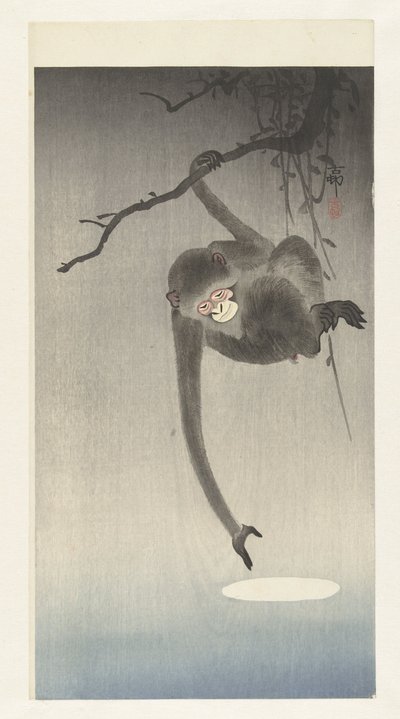 Monkey reaches for reflection of the moon by Ohara Koson