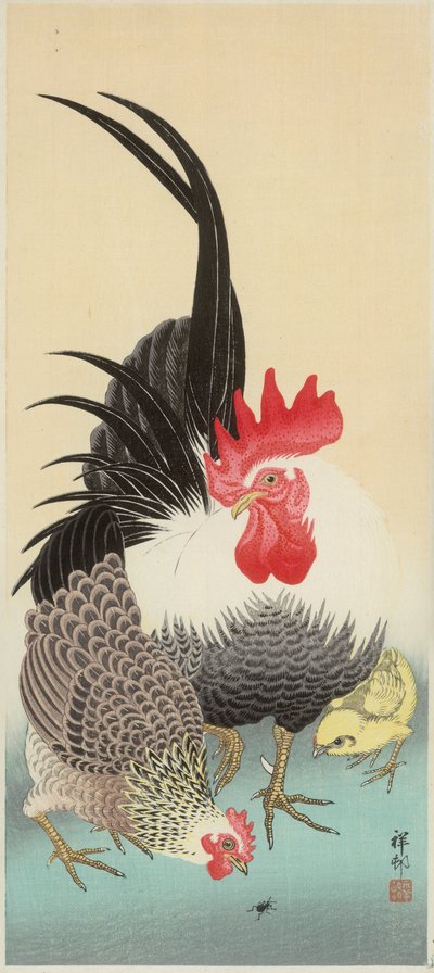 Rooster, hen and chick with ant by Ohara Koson