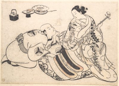 A Man in a Kneeling Posture Bending Forward and Listening to an Oiran who is Playing the Shamisen by Okumura Masanobu